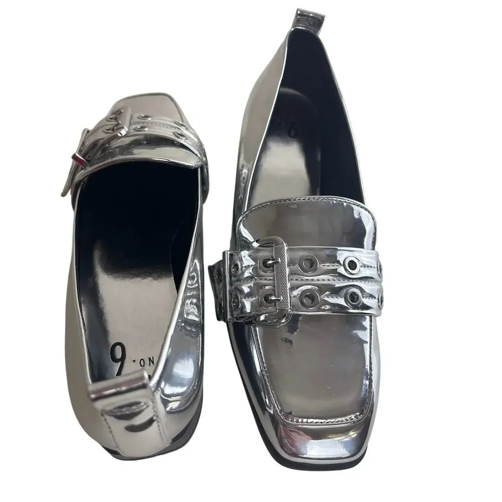 NWOT Mix No. 6 Piercie Silver Metallic Buckle Loafers Size 9 – Square Toe